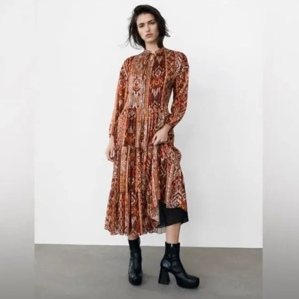 ZARA nwt GEOMETRIC PRINT METALLIC MIDI DRESS - M